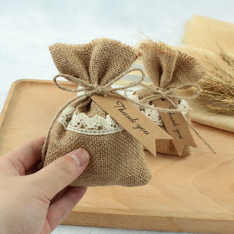 20 st säckväv påsar naturlig jute säckväv säck favor väska baby shower rustika bröllop mottagningar gynnar och