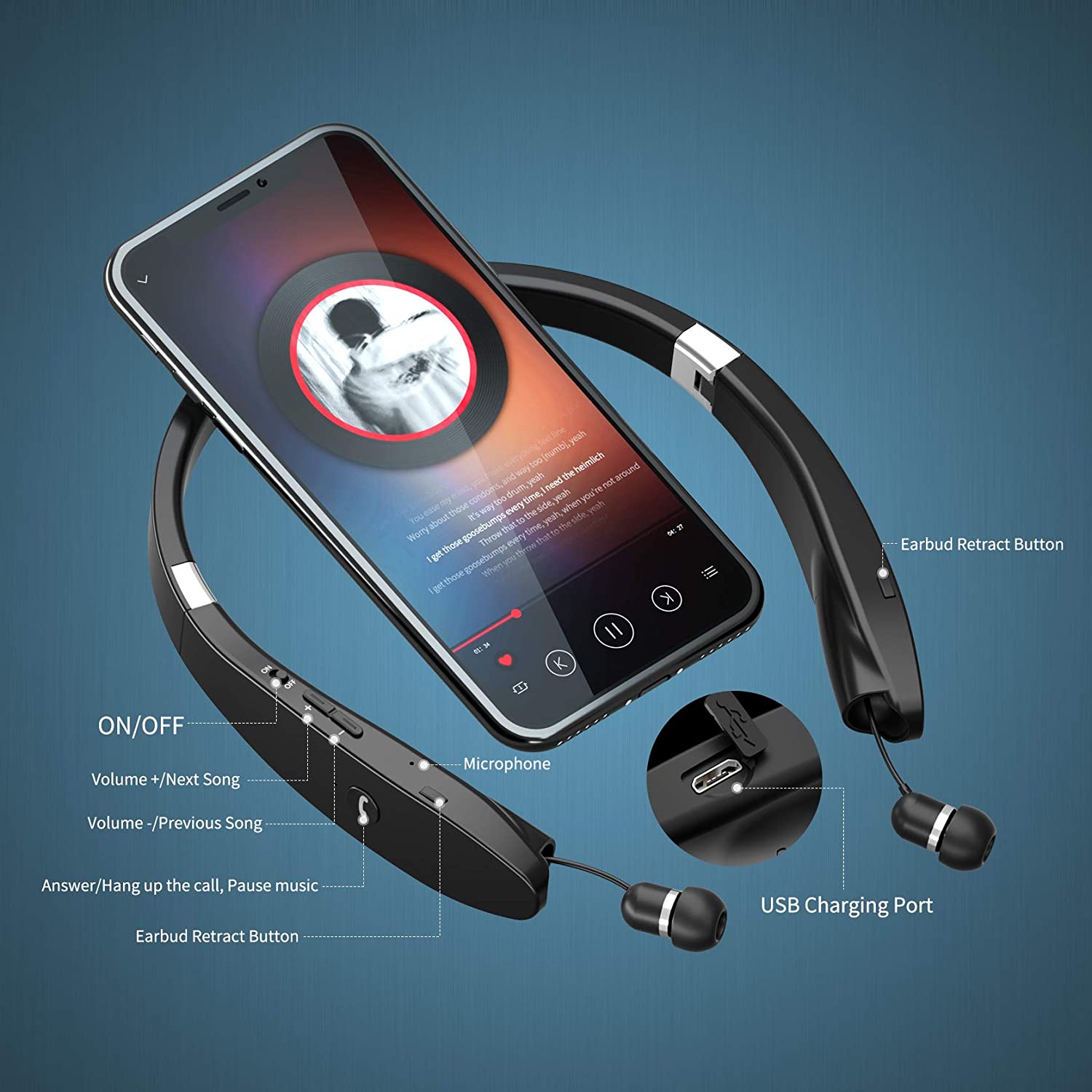 Hopfällbart bluetooth-headset, infällbara hörlurar för sport och träning, brusreducerande stereo-nackband trådlösa hörlurar med mikrofon