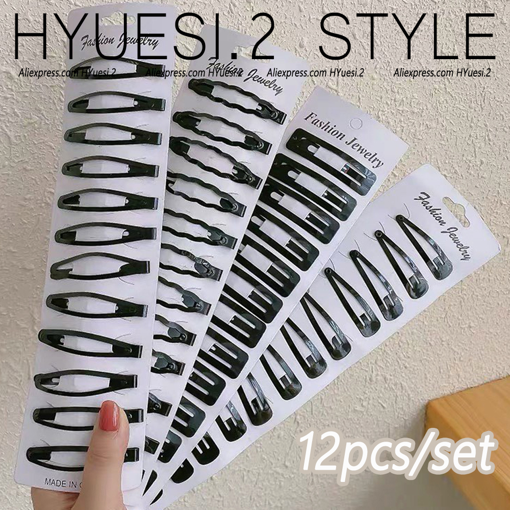 12 pçs/set clássico preto metal snap grampos de cabelo sem deslizamento gota de água grampos de cabelo presilhas para mulheres criança meninas cocar
