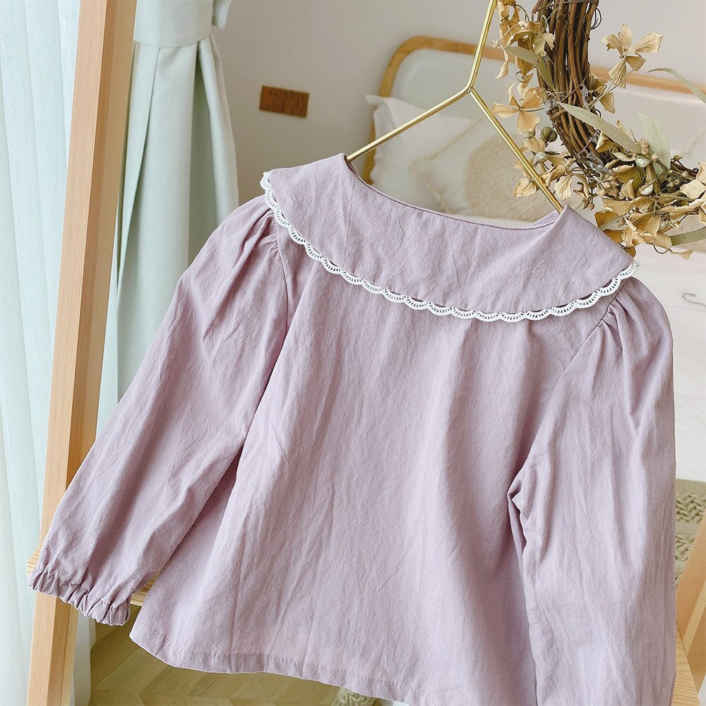Cotton Baby Girls Tops And Blouses Solid Color Peter Pan Collar Baby Girl Fall Clothes Kids Long Sleeve Tops Tees Shirts