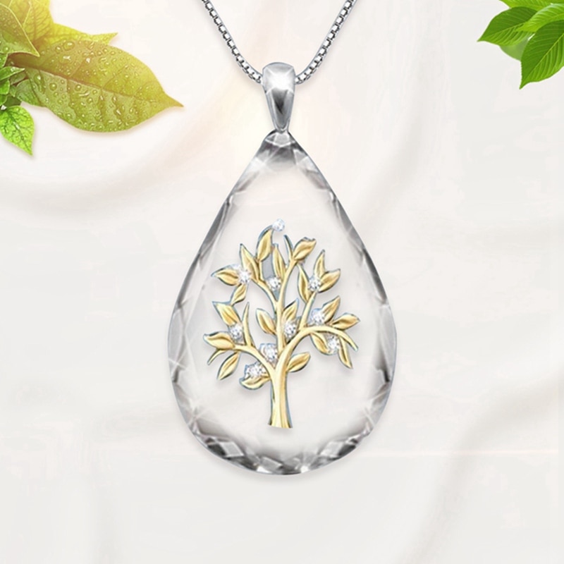 Trasparente di Cristallo di Figura di Waterdrop Dell'albero di Vita Del Pendente Della Collana per Le Donne Del Partito di Modo Della Collana Dei Monili Dei Regali