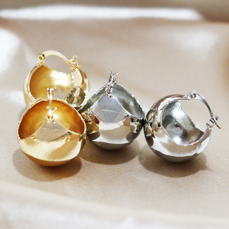 SRCOI Korea Gold Silver Color Half Ball Hoops Earrings Simple Metal Round Basket Bag Earrings Woman Party Wedding