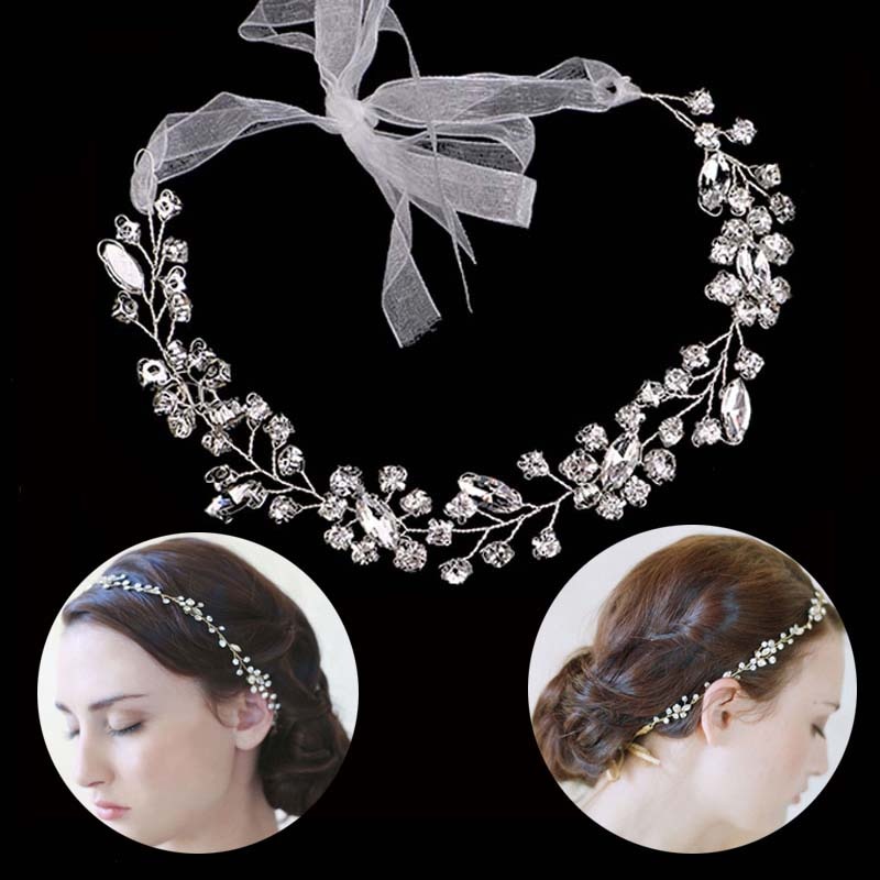 FORSEVEN Korean Crystal Pearl Ribbon Headband Gold Silver Rhinestone Bridal Headpiece Wedding Tiaras Hair Jewelry Accessories JL