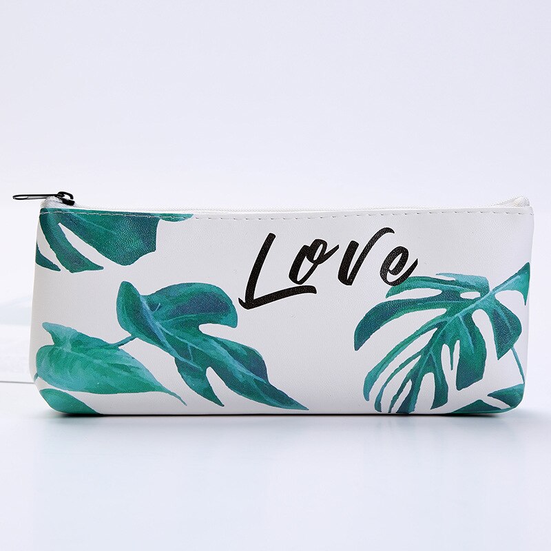 fresh leaves pencil case Waterproof PU pen box school pencil case Stationery box small object storage bag: D-a208a