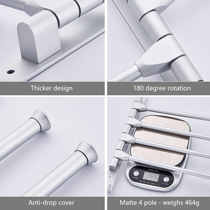 Aluminium Space Wall Mounted Towel Rail With Hooks With 4 180° Rotatable Towel Rails For Bathroom Kitchen Sink 33 X 33 Cm