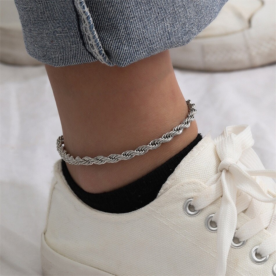 JUJIE 4MM 316L Stainless Steel Twisted Rope Chain Anklets For Women Foot Bracelet Ankle Jewelry