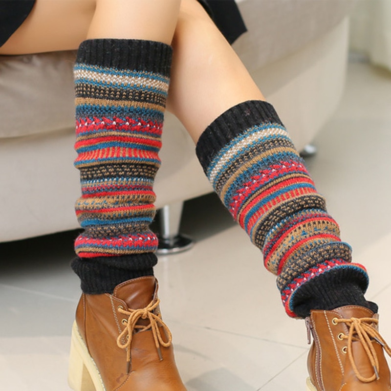 Antikke farve striber kvinder strikkede sokker lange scaldamuscoli gamacher støvler kvinder vinter varmere boho varme