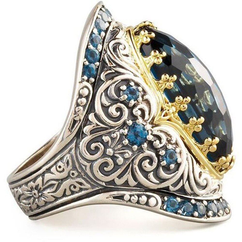 Bague Antique en Zircon bleu pour femmes et hommes, grande bague Boho ovale en cristal autrichien, bijoux de fête de mariage