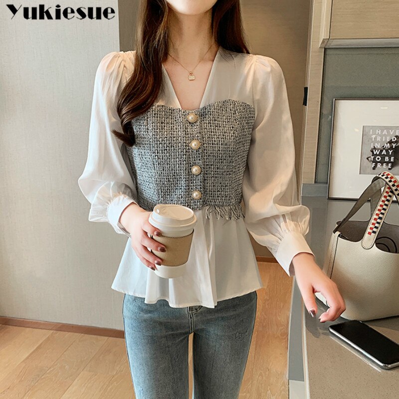 Tøj solid hvid langærmet skjorte kontor dame toppe koreansk stil kvinder splejset chiffon bluse v-hals feminina skjorte
