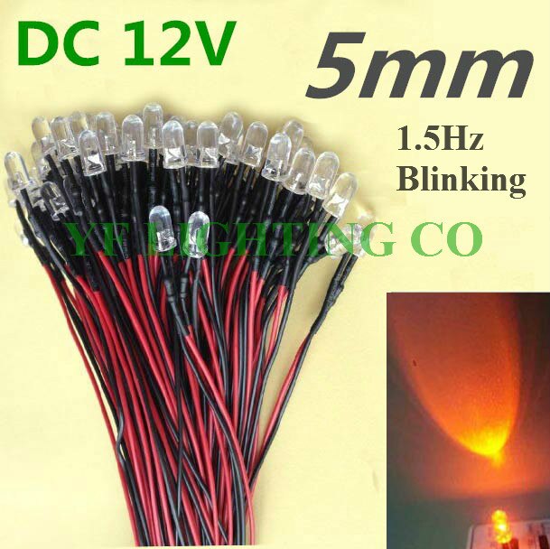 1.5Hz Blinking LED 12V Pre-wired led 5mm round yellow prewired 20cm cable for LED decoration