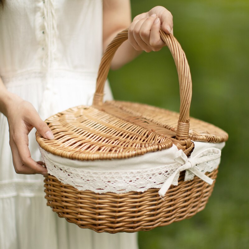 Cesta de Picnic hecha a mano, bolsas de mimbre para el almuerzo, cesta de almacenamiento de Compras de para Camping con tapa, cesta de almacenamiento de alimentos tejida para mujeres, cesta para fruta
