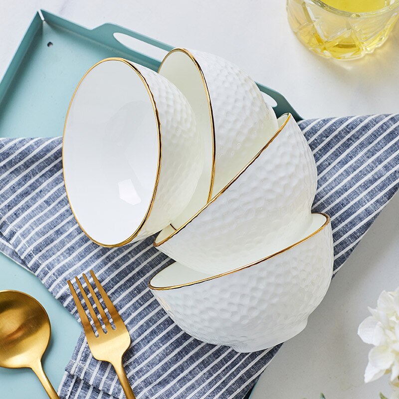 Bol à soupe doré fait à la main, vaisselle chinoise en céramique, petit bol à nouilles de riz en porcelaine en relief avec bord doré