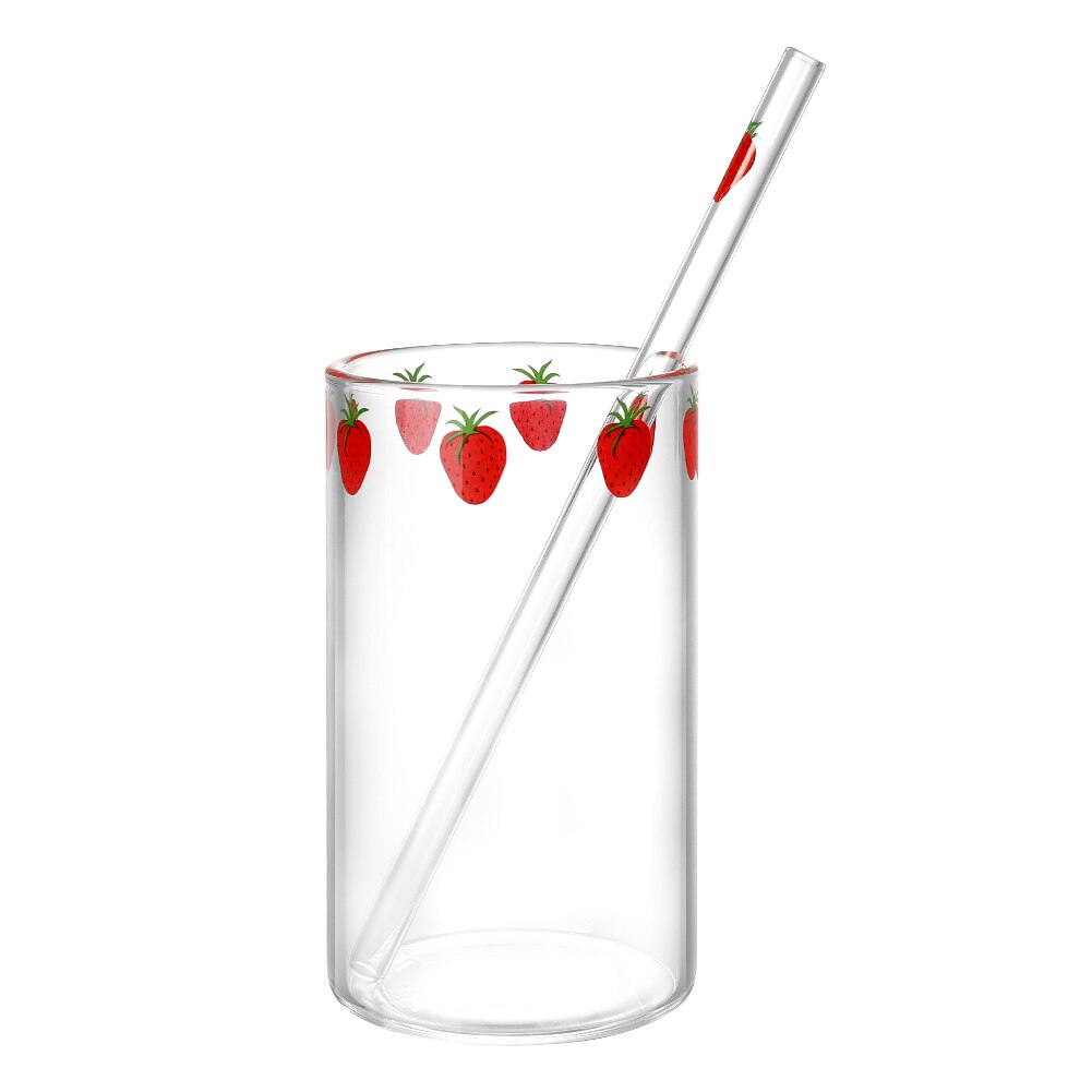 Cute Fruit Printed Glass Mug Cup Heat-resistant Milk Juice Glass Water Cup with Straw Beer Coffee Cup Whiskey Lemon Tea Mugs