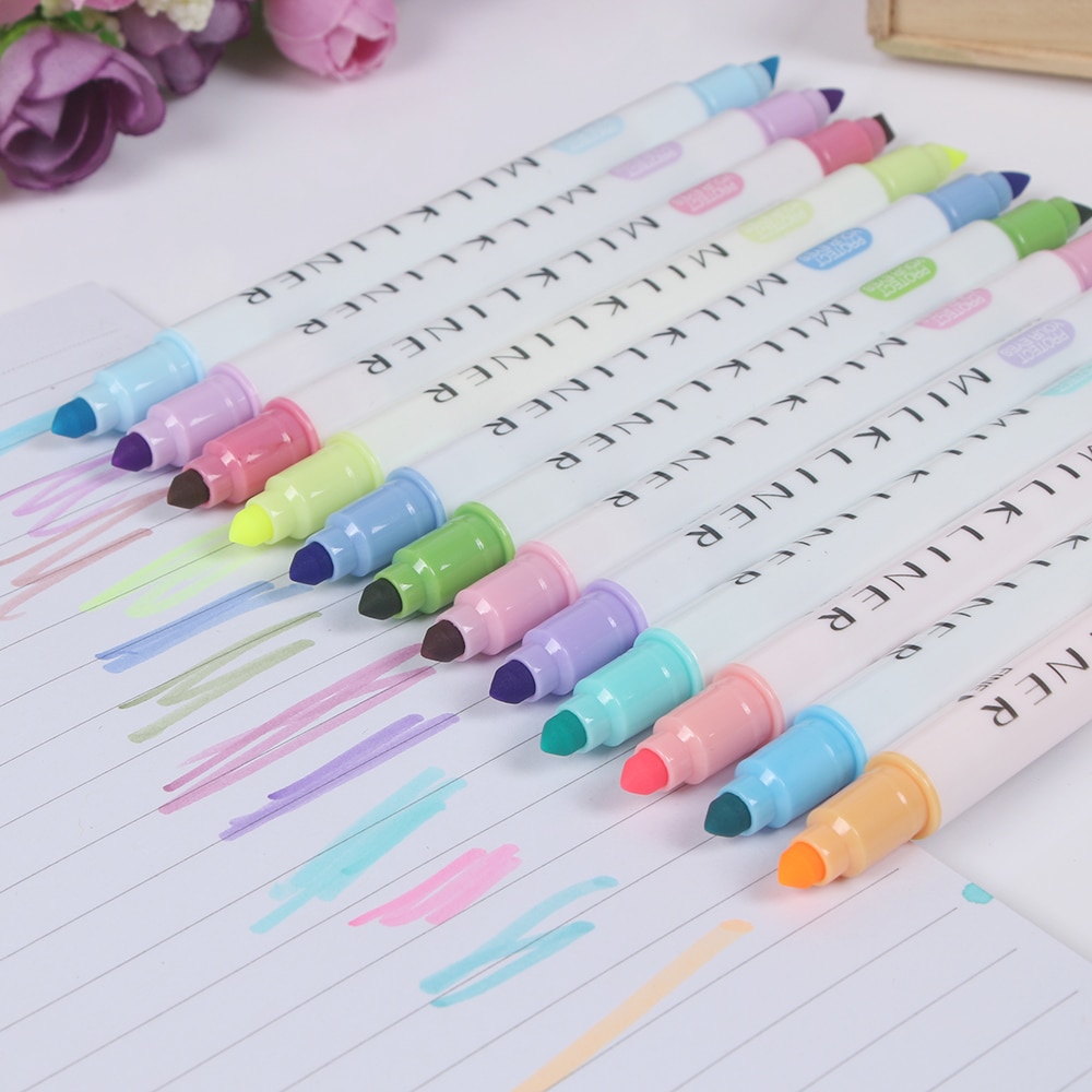12 Pcs Japanese Milkliner Pens Milk liner Double Headed Fluorescent Pen Cute Art Highlighter Drawing Mark Pen Stationery