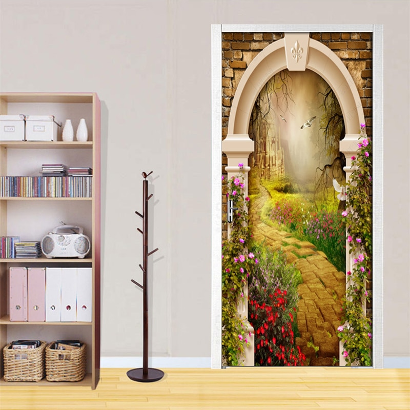 Retro Fantasy Castle Photo Wallpaper 3D Door Sticker PVC Waterproof Self-adhesive Wall Stickers Living Room Door Decor 3D Mural