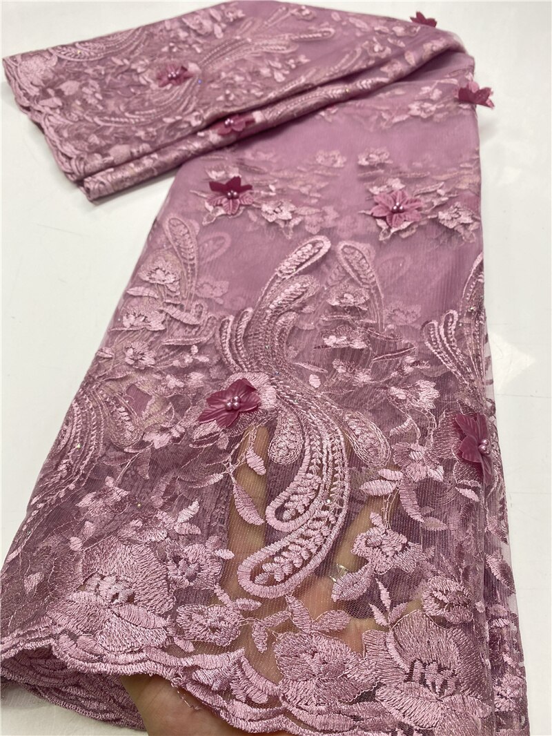 African Beaded Lace Fabric 3D Tulle Lace Material French Nigerian Lace Fabrics For Wedding Sewing YA3631B-4: Picture 5