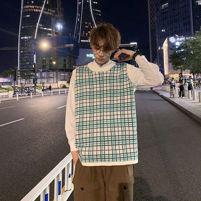 Hombres suéter chaleco otoño hombre chaleco a cuadros cuello par de Retro de coreana Ulzzang pijo Casual de gran tamaño 3XL Ins: green / M