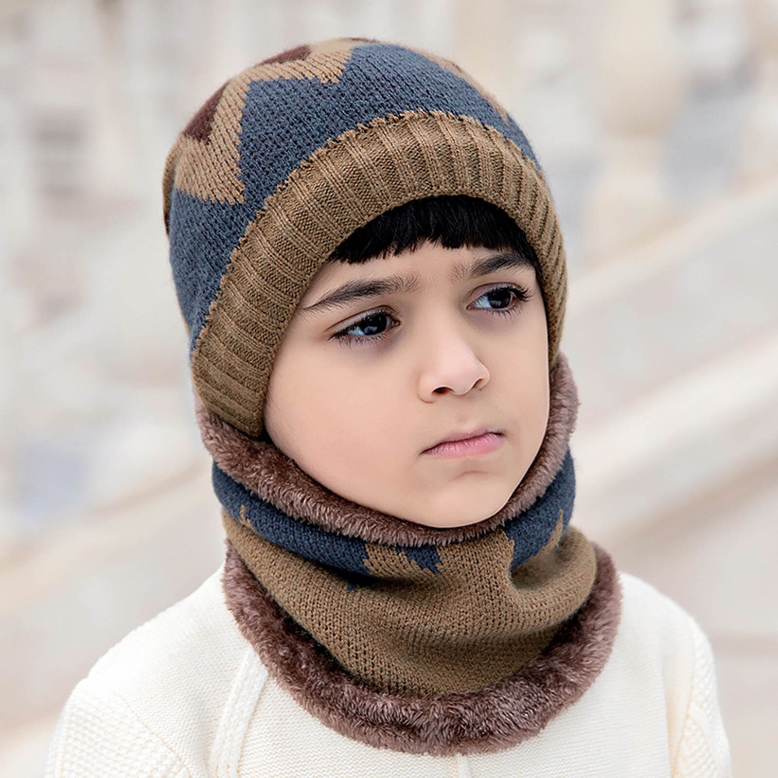 Warm Beanies Hat For Girl Ring Scarf Pompoms Winter Hats Knitted Caps Scarf 2 Pieces Winter Hat Scarf Set For child