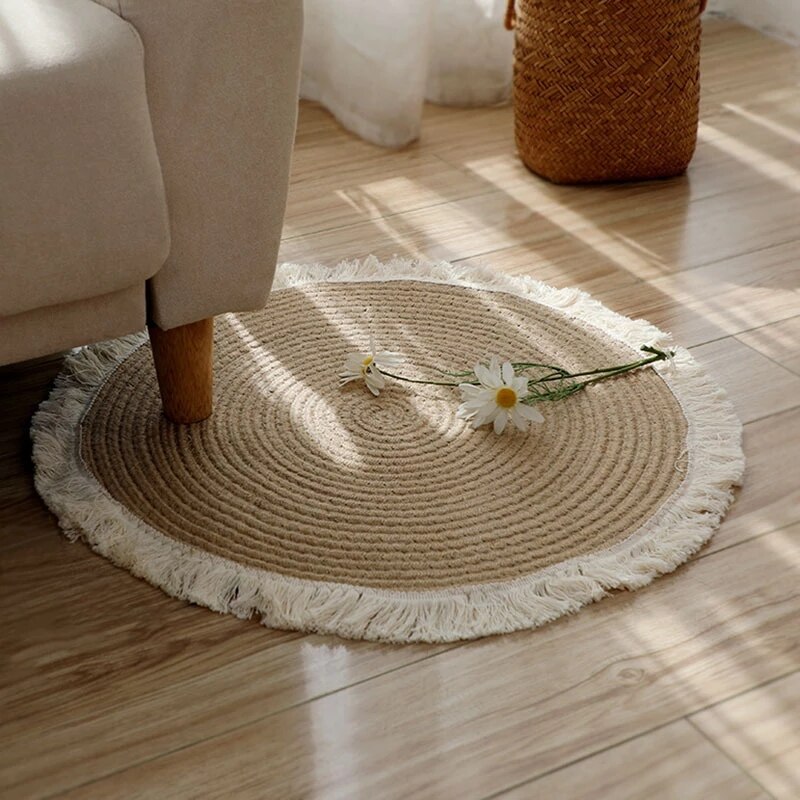 Runde jute tæpper japansk retro vævede tæpper med kvaster tæpper til stuen soveværelse sengen boligindretning vintage sofamåtter: 80cm