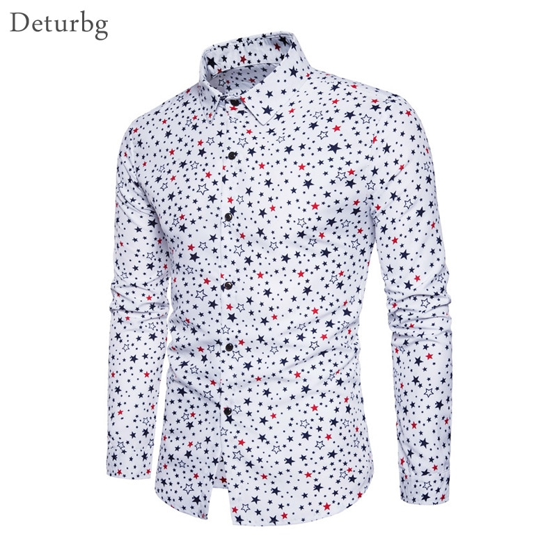 Skjorte med stjerner med print til mænd afslappet herretøj koreansk streetwear langærmede slim fit skjorter hvide top skjorter til mænd  mb14