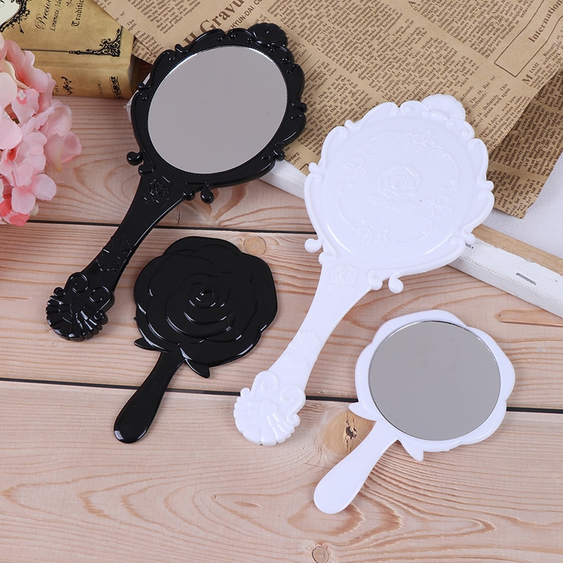 1PC Round Cosmetic Hand Held Mirror Mirror Handhold Makeup Mirror Repousse Floral Oval With Handle For Ladies Black/White