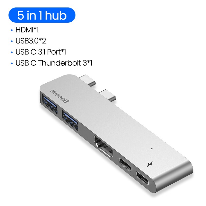 Baseus USB C HUB USB HUB to USB 3.0 HDMI Adapter for MacBook Pro Air HUB Thunderbolt 3 Dock RJ45 USB Splitter Dual Type C HUB: 5 in 1 USB HUB