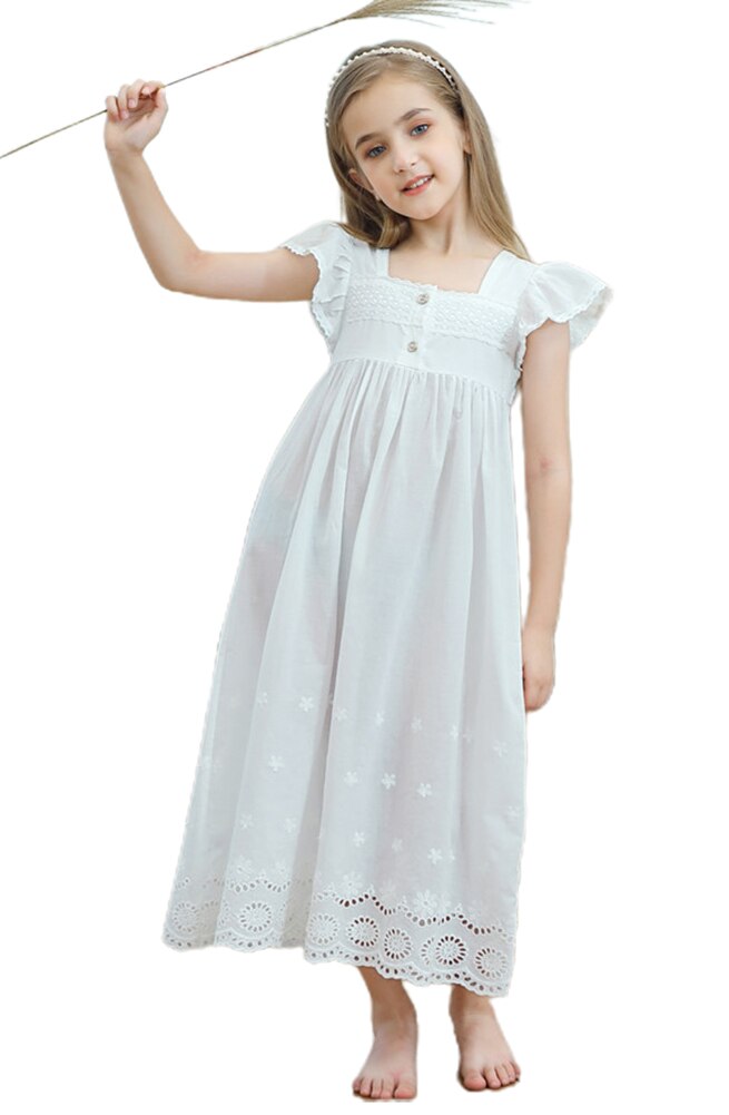 Kids Girls Embroidered Lace Cotton Princess Nightgowns Sleepwear Dress Casual Toddler Girl White Dress