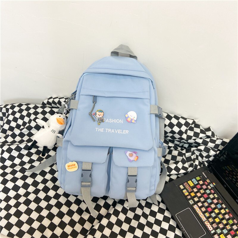 Moda wodoodporne kobiety plecaki nylonowa płócienna torba na ramię kobieta Bagpack duże tornistry szkolne dla nastolatka: Niebieski / With pendant