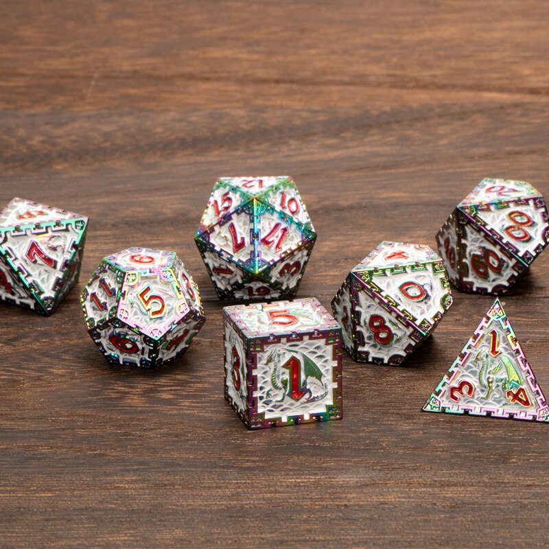 Set di dadi Dnd in metallo bianco arcobaleno 7 pezzi RPG poliedrico D &amp; D D + D prigione e drago D20 D12 D10 D % D8 D6 D4 gioco di ruolo