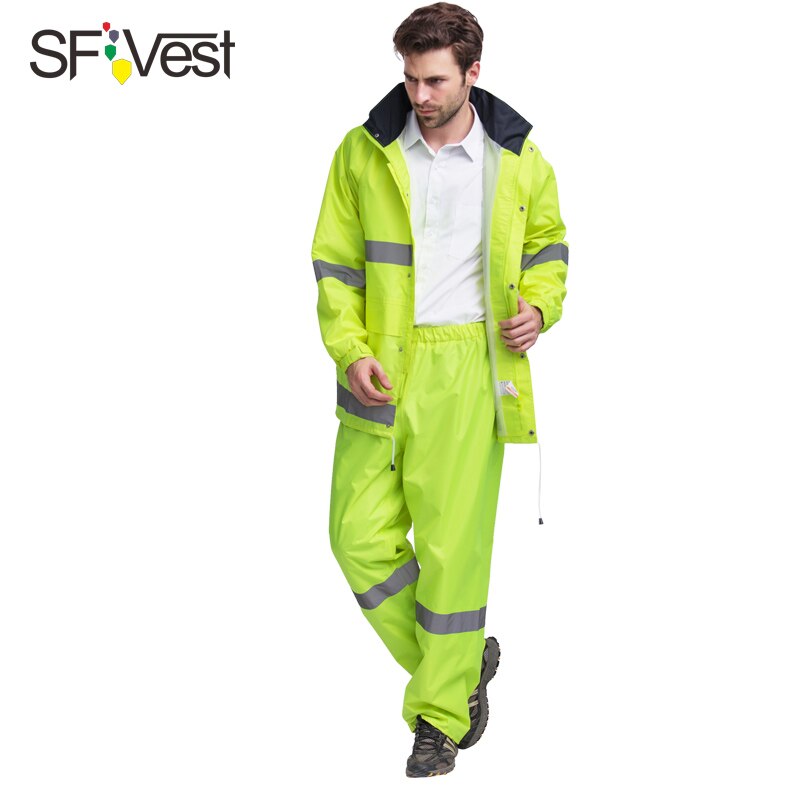 Fluorescent orange Safety Raingear Hi Vis Rainsuit Waterproof Hooded Parka &amp; Pants with reflective tape