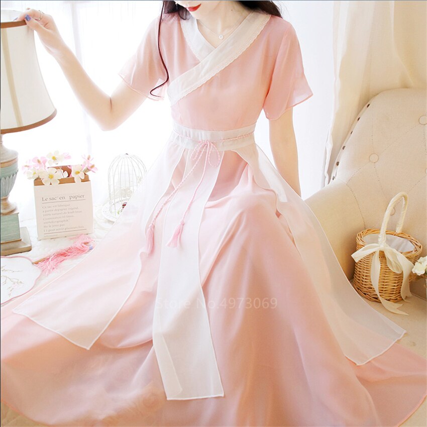 Women Japanese Kimono Summer Chiffon Dress Retro Lace Fancy Yukata Haori Girls Kawaii Pink Party Vestidos Asian Clothes