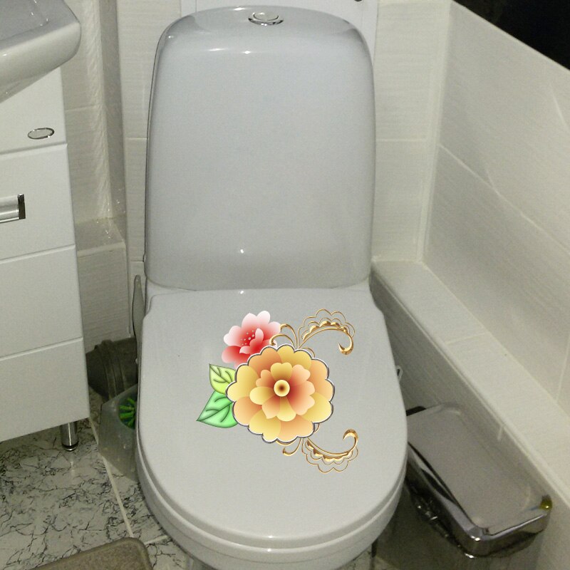 Yoja 22.4*22.7cm geel met goudgerande bloemen cartoon muurdecoratie toiletbril stickers  t1-0564