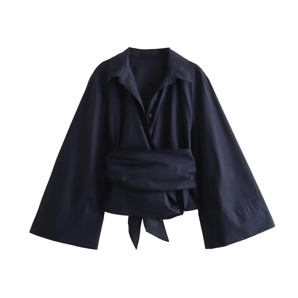 Nueva para mujer, informal, con cuello tipo Polo, pajarita, edición corta, camisa de popelina con doble botonadura: L / Negro