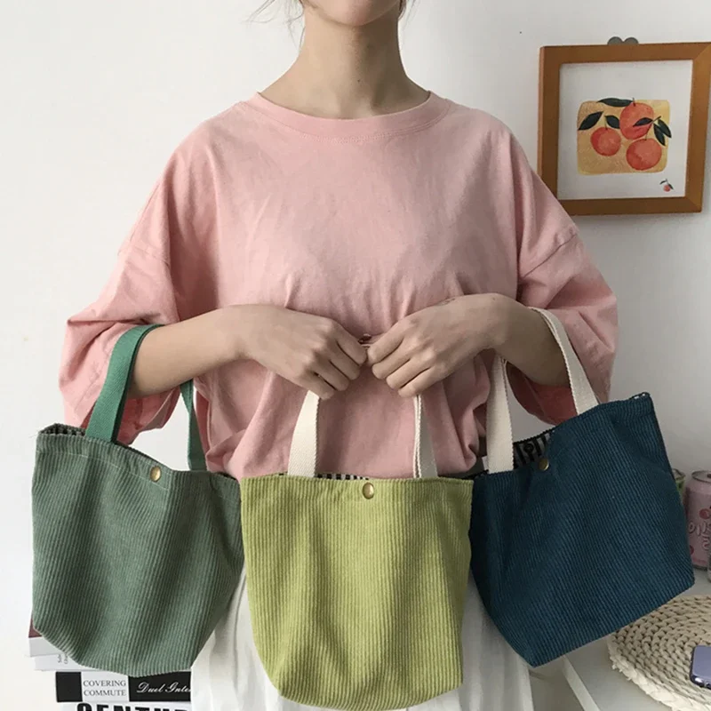 Lunchtas Corduroy Canvas Lunchbox Trekkoord Picknick Tote Eco Katoenen Doek Kleine Handtas Diner Container Voedsel Opbergzakken