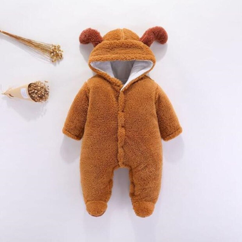 Barboteuse de couleur unie pour bébés filles et garçons, combinaison épaisse à manches longues avec dessin d'animal pour nourrissons de 3 à 12 mois, hiver: Marron / 3M