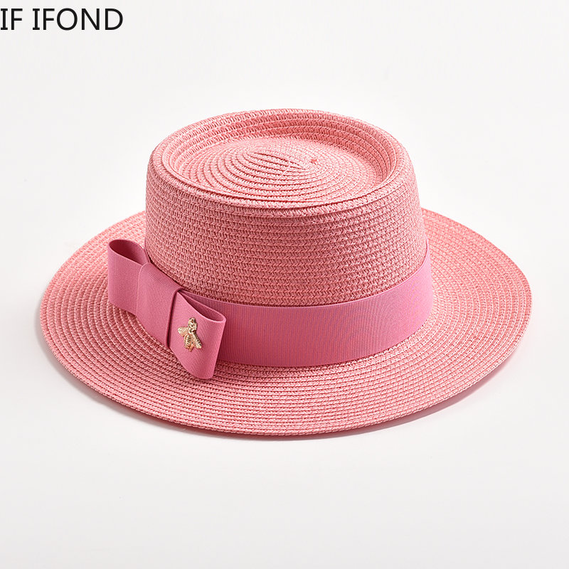 Sombreros de paja para mujer, sombrero de paja redondo con superficie irregular, Top plano con lazo, vestido, Gorra de viaje para playa, novedad de primavera y verano