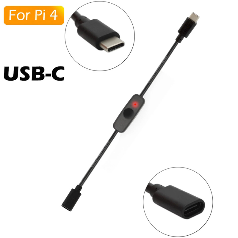 Power Switch USB Type C with Indicator Light Male to Female USB-C Extension Cable Switch for Raspberry Pi 4B