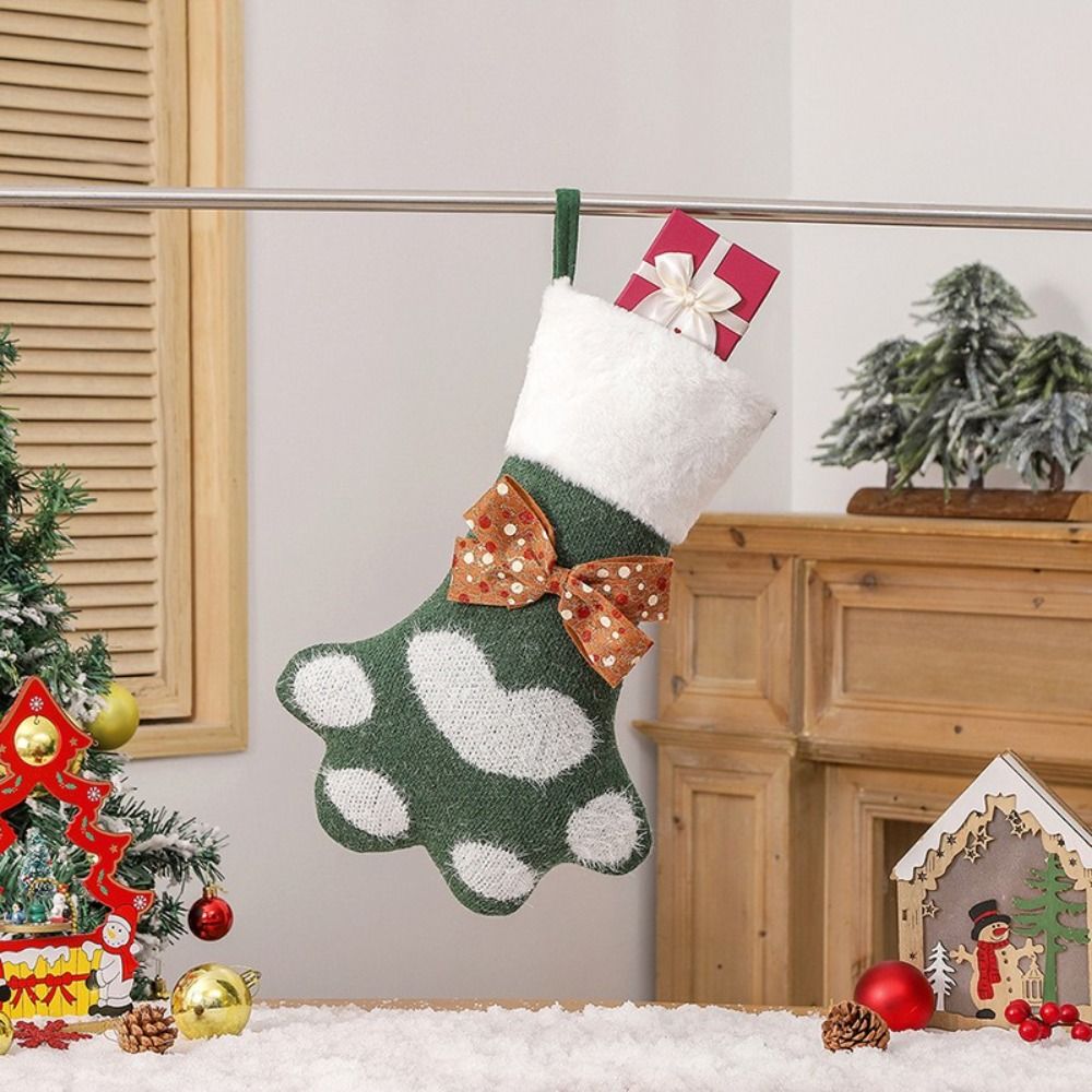 Paw Shaped Christmas Decorations For Home Stockings Cute Xmas Tree Ornament Decor with Bow Tie Year Sock Year 2024