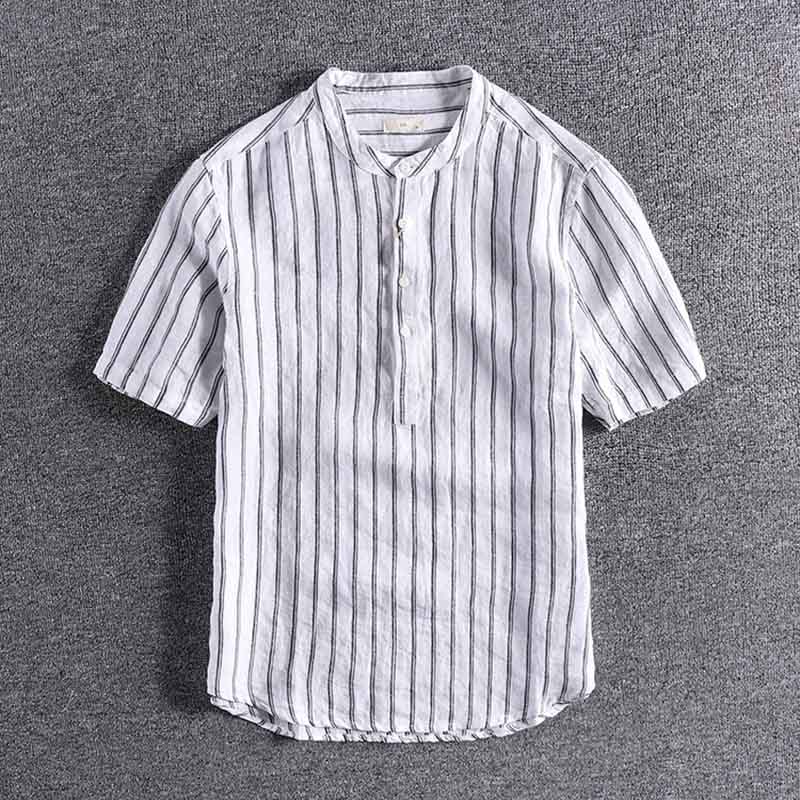 Linnen overhemd met korte mouwen heren zomer britse trend overhemd streep contrast top 02512