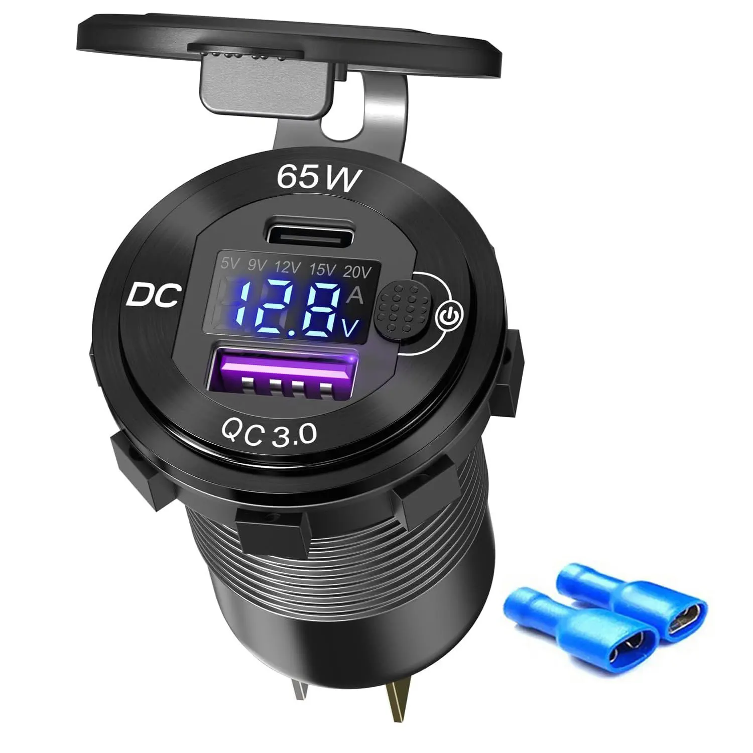 12V/24V USB Auto Ladung 83W PD Typ-C Schnelle Lade Steckdose Laptop Buchse mit Voltmeter motorrad Steckdose Lade Adapter: Black