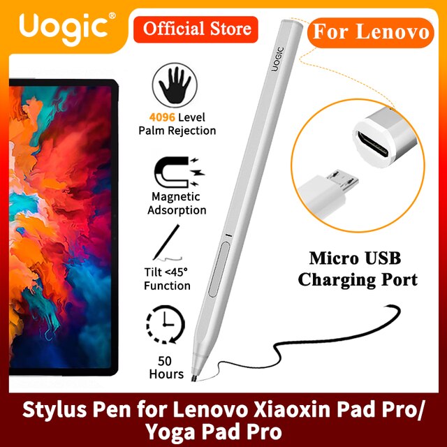 Uogic Stylus Pen for Lenovo Xiaoxin Pad Pro, 4096 Pressure Sensitivity, Palm Rejection, for Lenovo YOGA Pad Pro/Tab P11 Pro: Silver-Micro USB