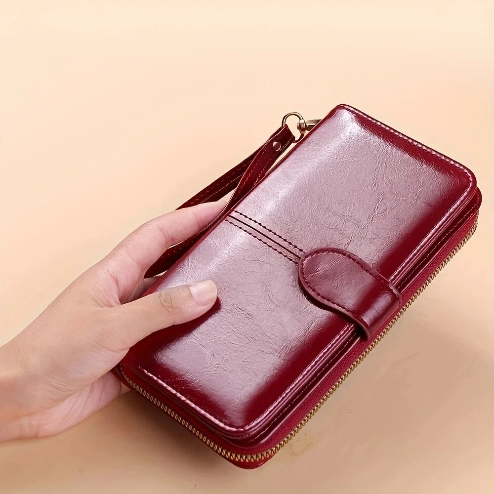 Women's Vintage Oil Wax PU Leather Clutch Wallet Female Large Capacity Phone Purse Ladies Wristband Simple Card Holder Pouch Bag: Red