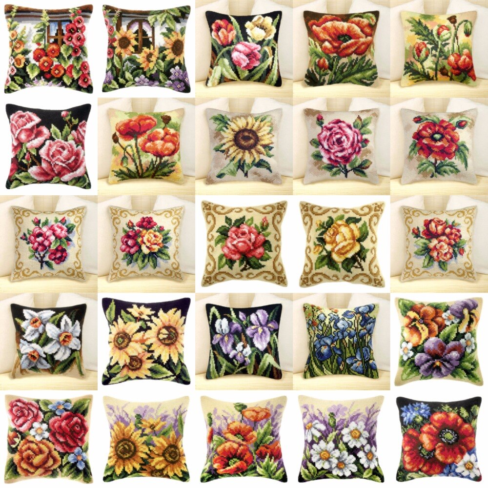 1flowers 04 DIY Needlework Kit Acrylic Yarn Embroidery Pillow Tapestry Canvas Cushion Front Cross Stitch Pillowcase-