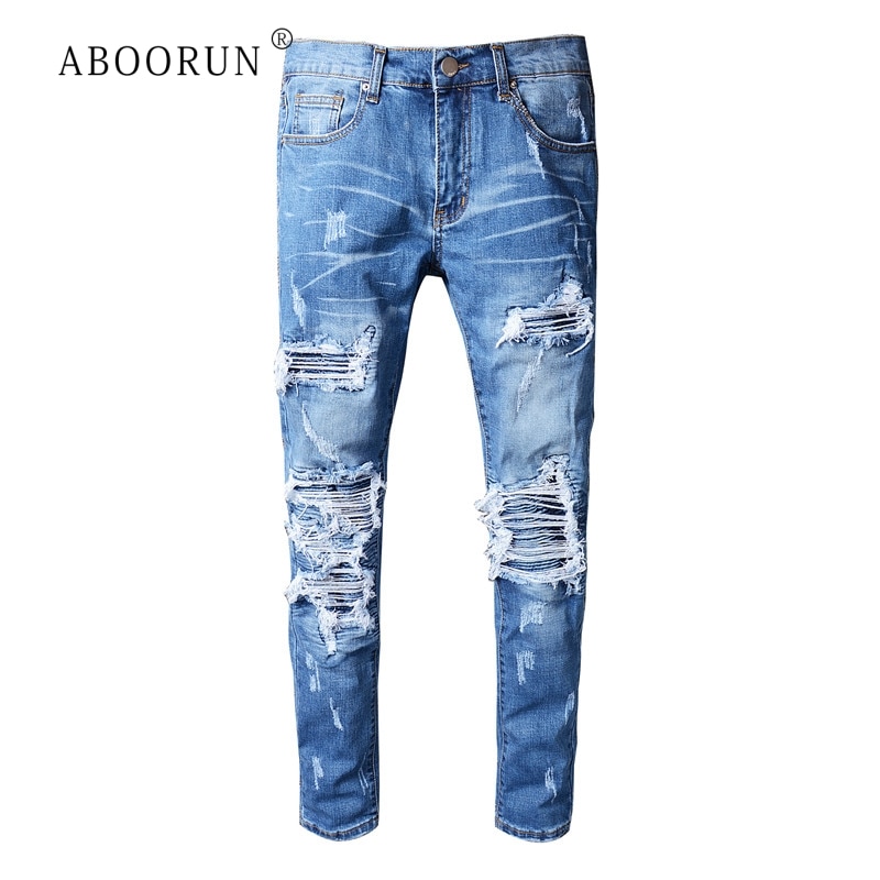Hi street heren skinny ripped biker jeans blue hole motorjeans urban brand jeans broek voor heren