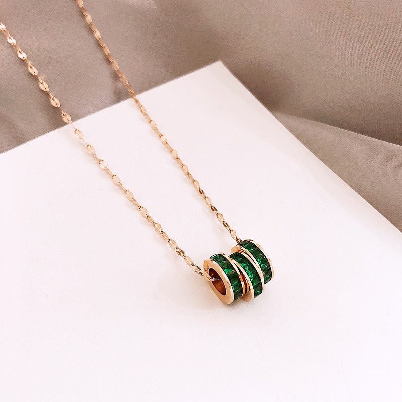 Brand Luxury 316L Stainless Steel Green Crystal Pendant Necklace Rose Gold Color Necklace Women