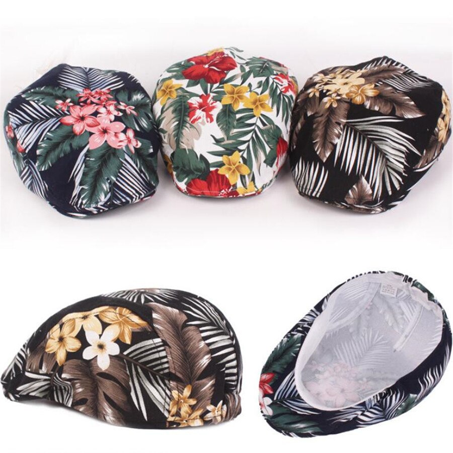 Boina de algodón con estampado Floral para hombre y mujer, gorro plano ajustable, informal, para primavera y verano, novedad