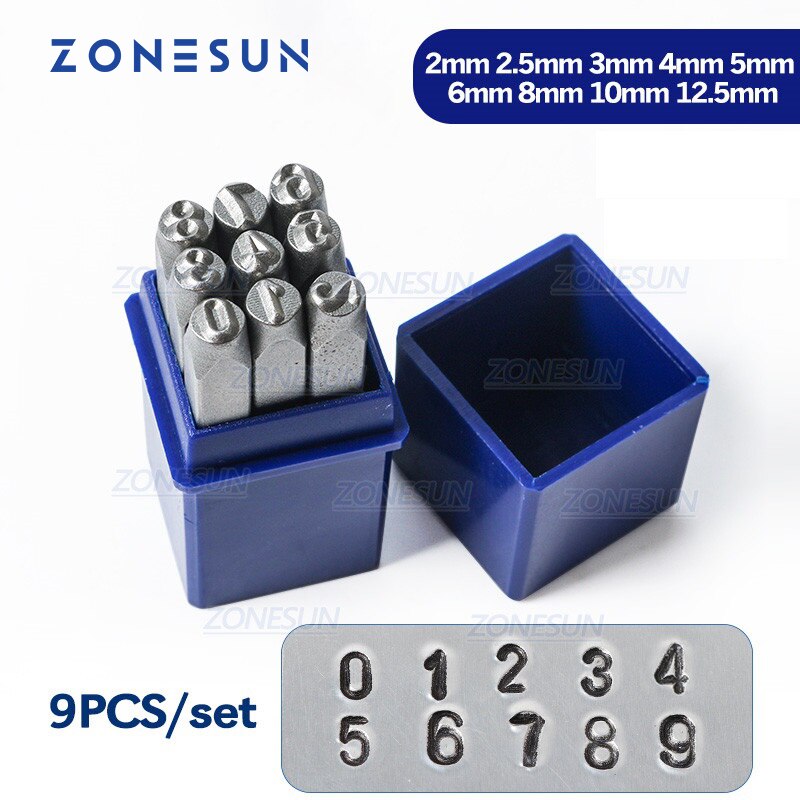Zonesun 9Pcs Carbon Staal Antieke Tinnen Nummer &quot;0-9&quot; Rechthoek Punch Metalen Stempelen Gereedschap 65Mm (2 4/8 &quot;) X 11Mm, 1 Set