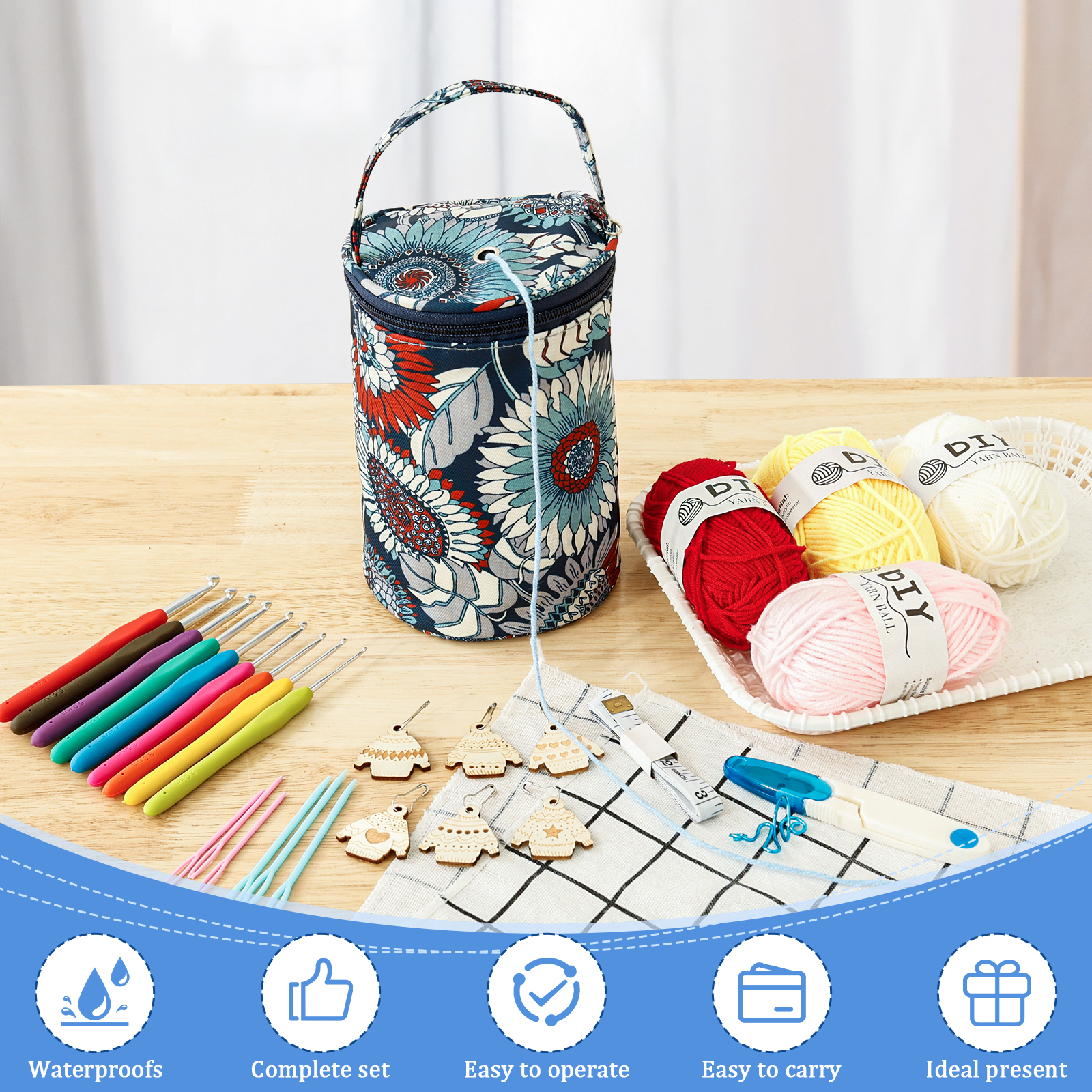 Kit de ganchillo de 32 Uds., Kit de inicio de tejido eficiente con gancho de ganchillo, bolsa de aguja, juego completo de ganchos de ganchillo para principiantes