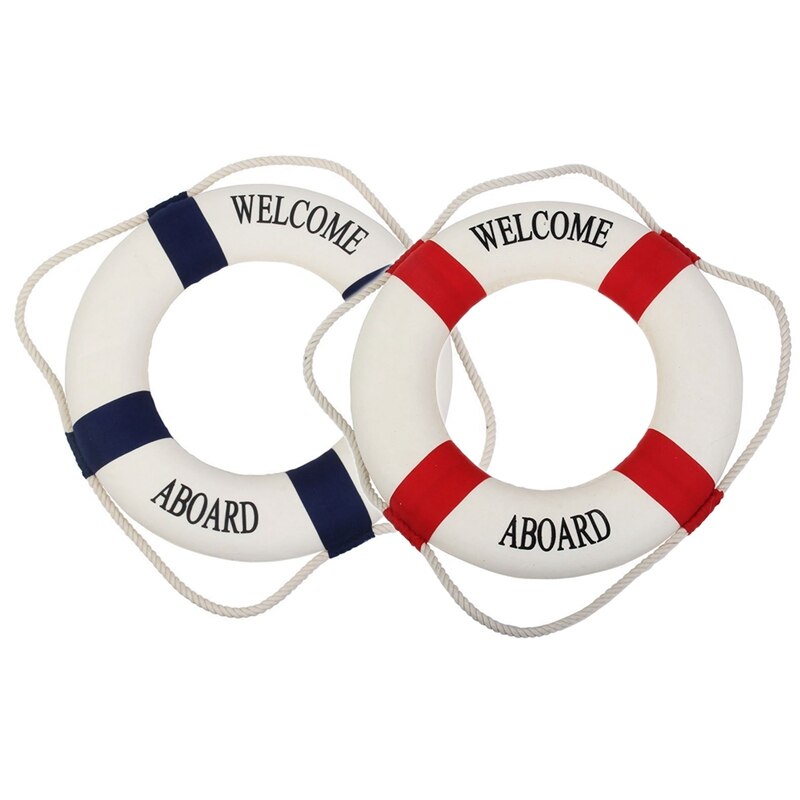 2 Stuks Decoratieve Welkom Aan Boord Nautical Reddingsboeiring Wall Opknoping Home Decoratie (Blauw, 35Cm & Rood, 20Cm)