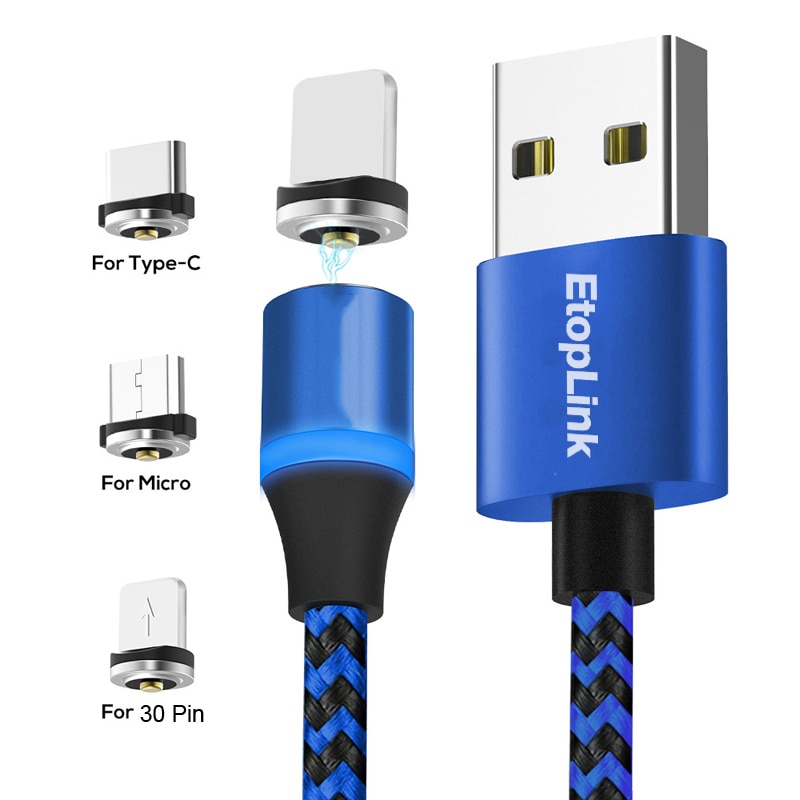 EtopLink Type C Micro USB Magnetic Charging USB Cable USB-C 360 degree Round Magnet Nylon Braided LED Charger Cables 1M Blue Red